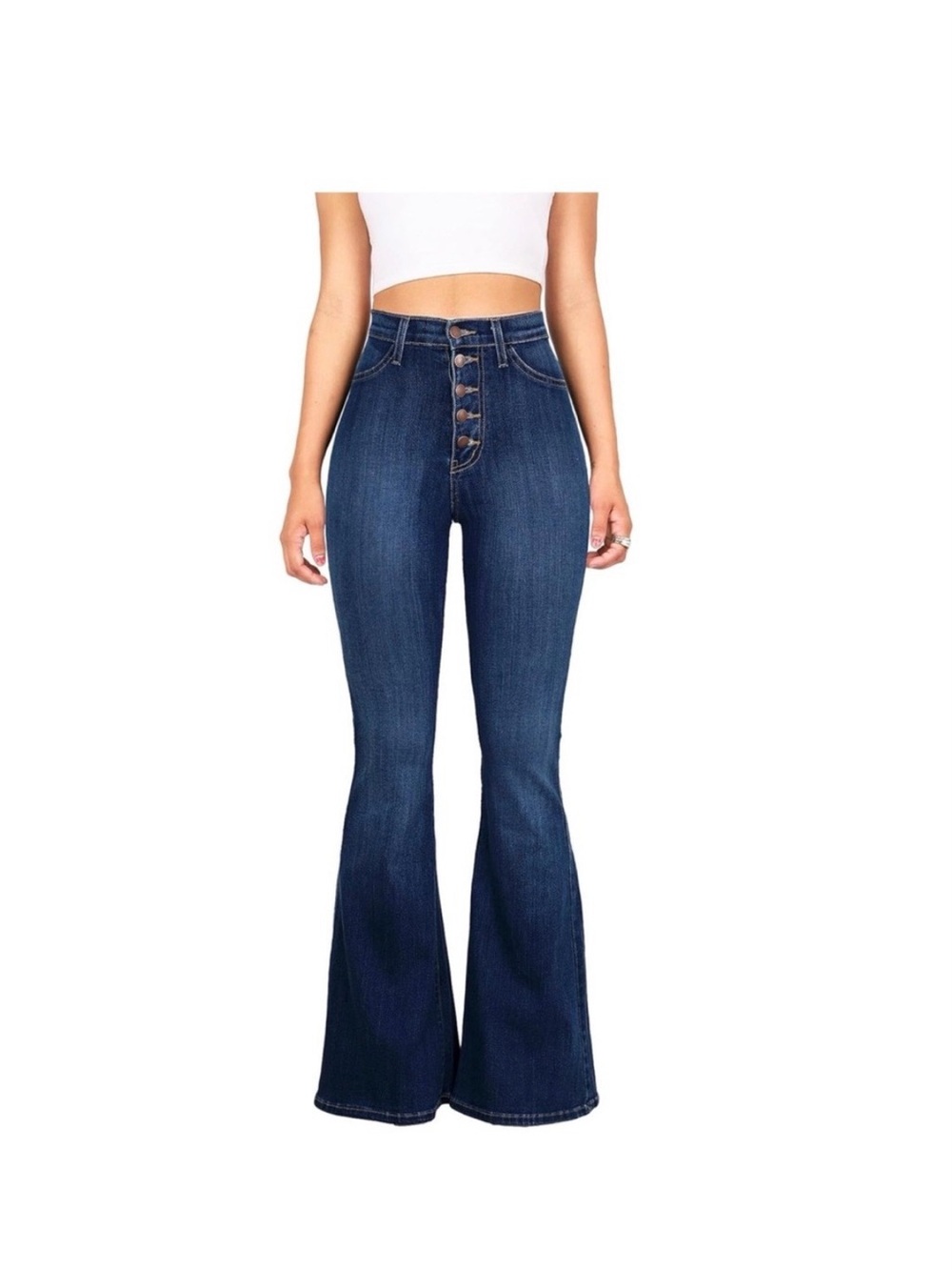 Vibrant M.I.U. High-Rise Dark Blue Button-Front Flare Jeans for Women